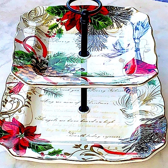 222 FIFTH  “HOLIDAY WISHES” 2 TIERED SERVING TRAY POINSETTIA PINECONES SCRIPT - Picture 3 of 11